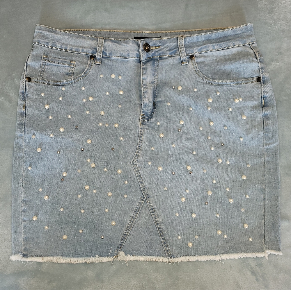 Pearl embellished Jean skirt